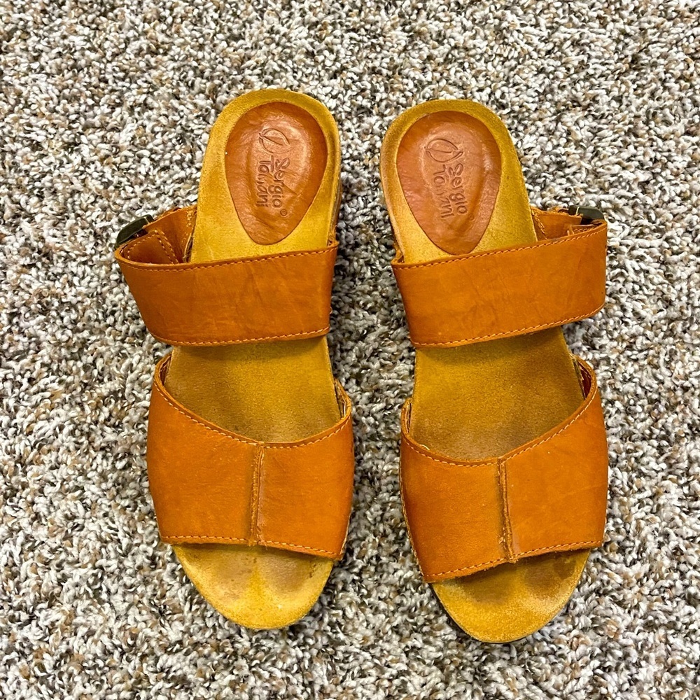 Sergio Tomani Leather Slide Sandals Women 39 Brown Comfort‎ Buckle Detail Shoes